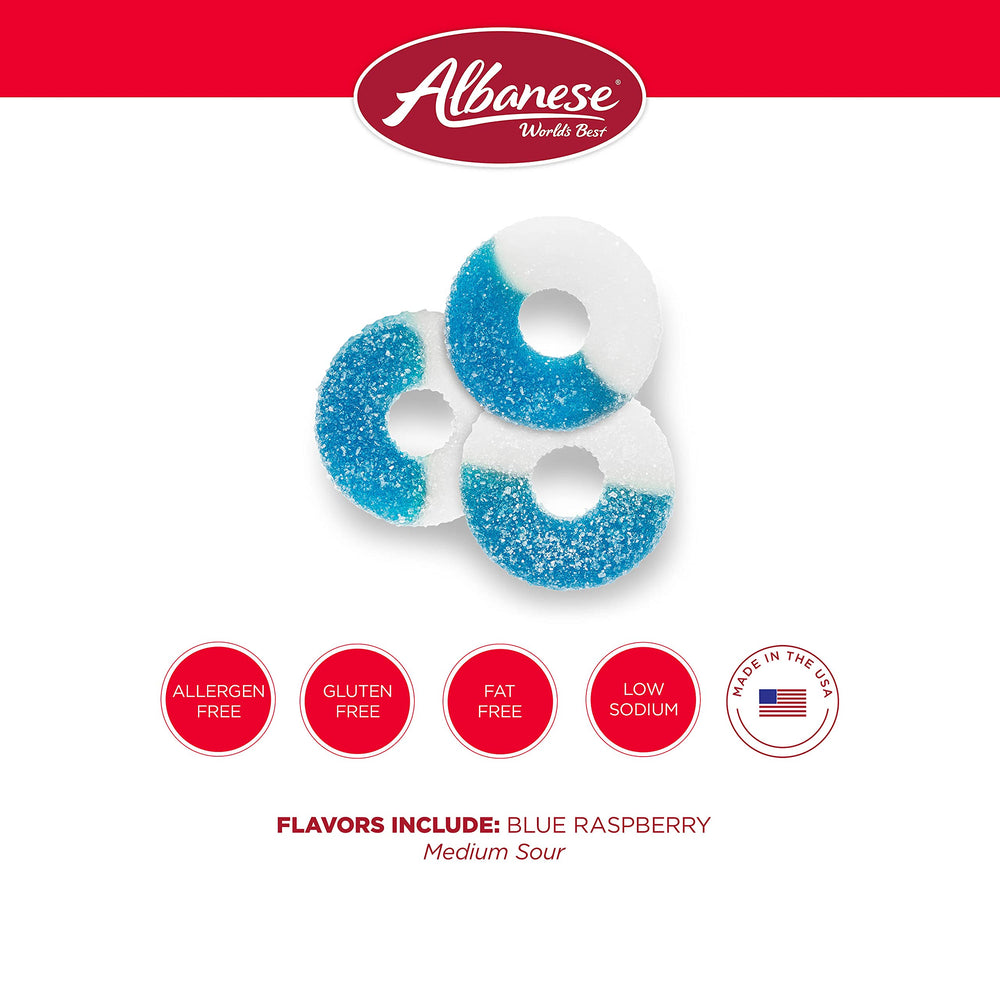 Albanese Gummi Blue Raspberry Rings as a crowd-pleaser snack option.