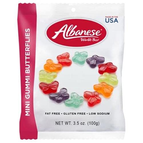 Albanese Gummi Mini Butterflies bag with assorted fruity flavors for a gluten-free, fat-free snack.