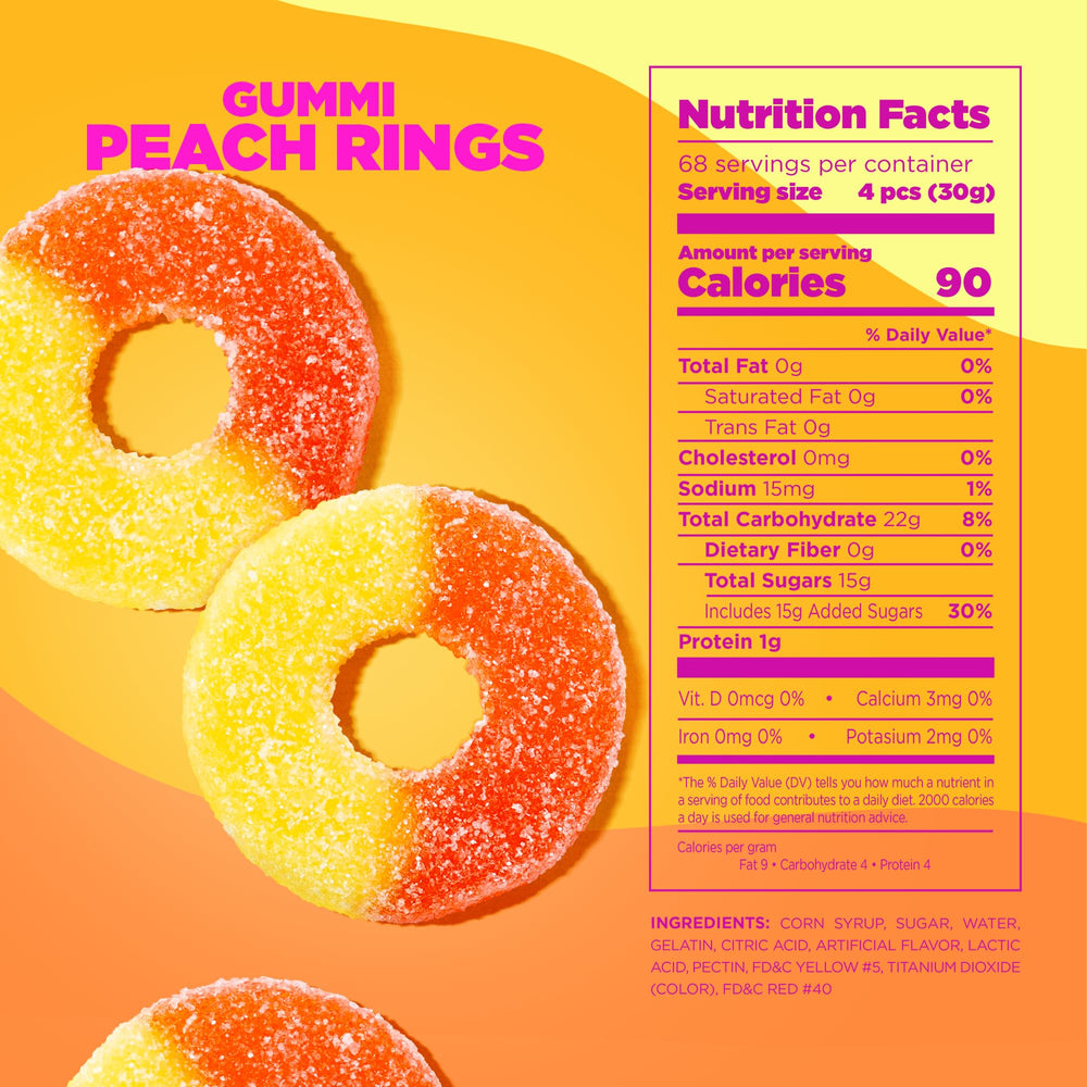 Close-up texture of Albanese Peach Rings highlighting their soft chew.