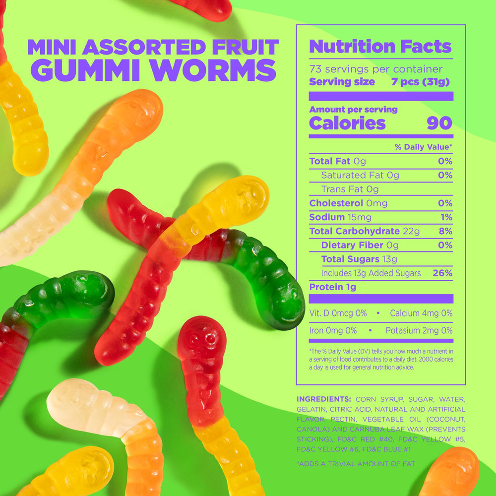 Close-up of Albanese gummy worms showing flavor variety and texture