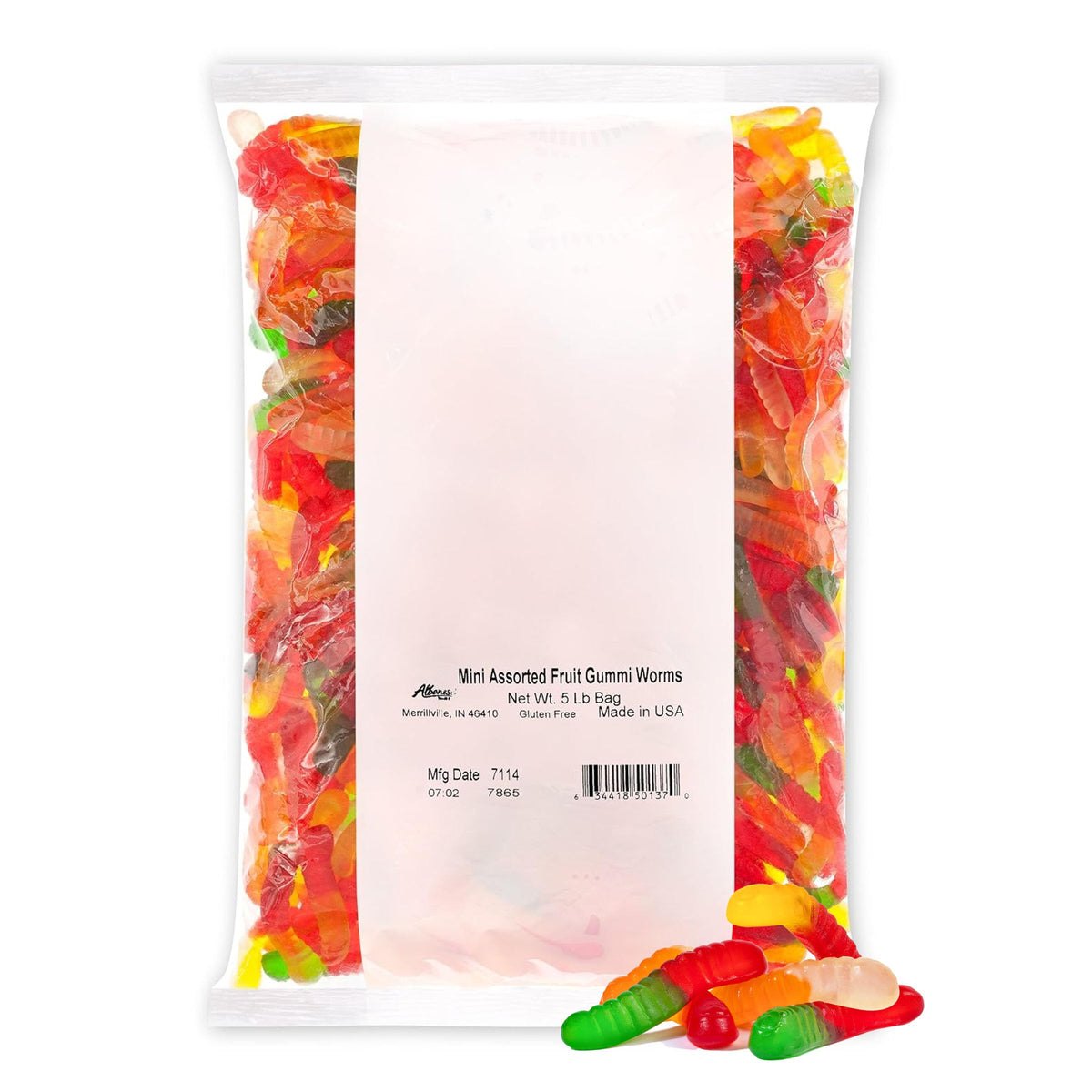 Albanese mini assorted fruit gummi worms on a surface, ideal party snack