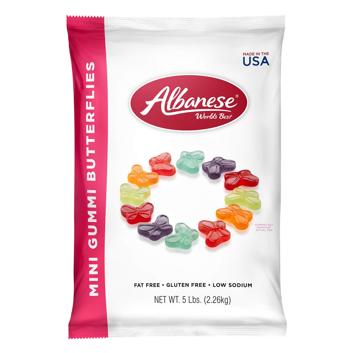 Albanese Mini Gummi Butterflies close-up reveals vibrant colors and soft chew for a tasty snack.