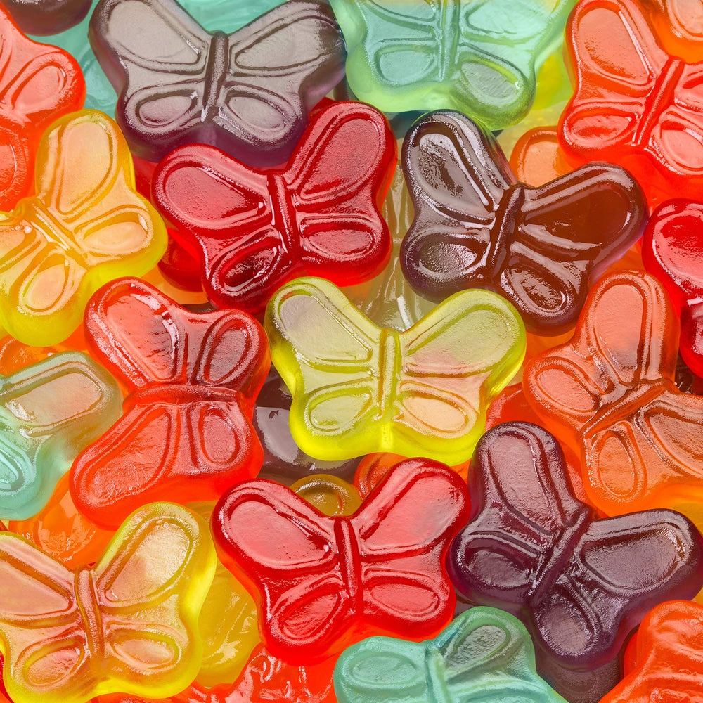 Albanese Mini Gummi Butterflies texture close-up highlights the gummy bite.