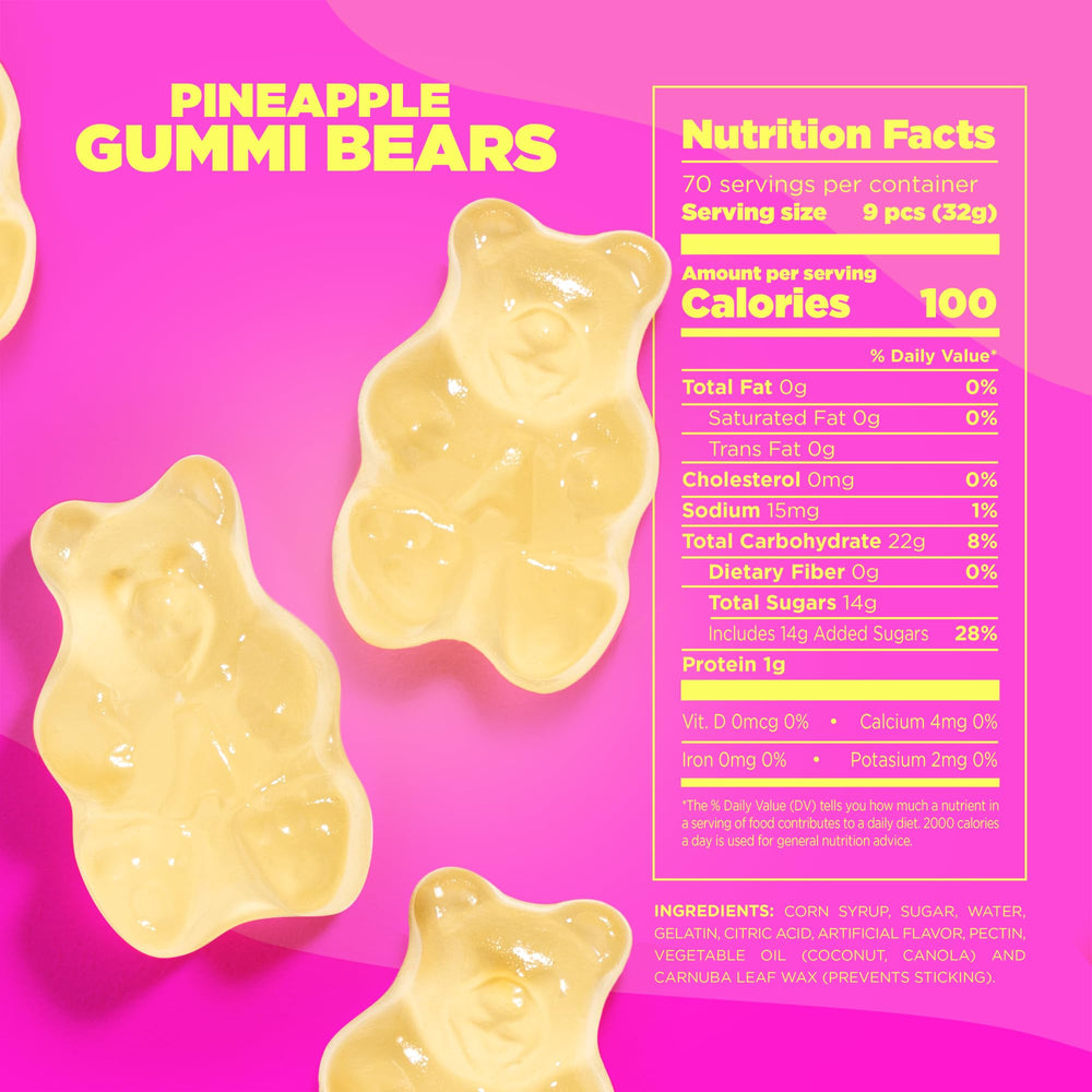 Close-up of Albanese Pineapple Gummi Bears showing soft chew and vibrant color.