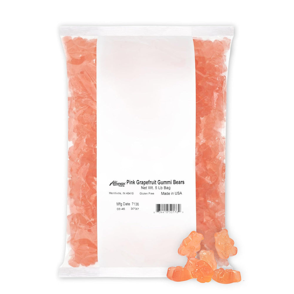 Albanese Pink Grapefruit Gummi Bears bag front reveals bold fruit flavor