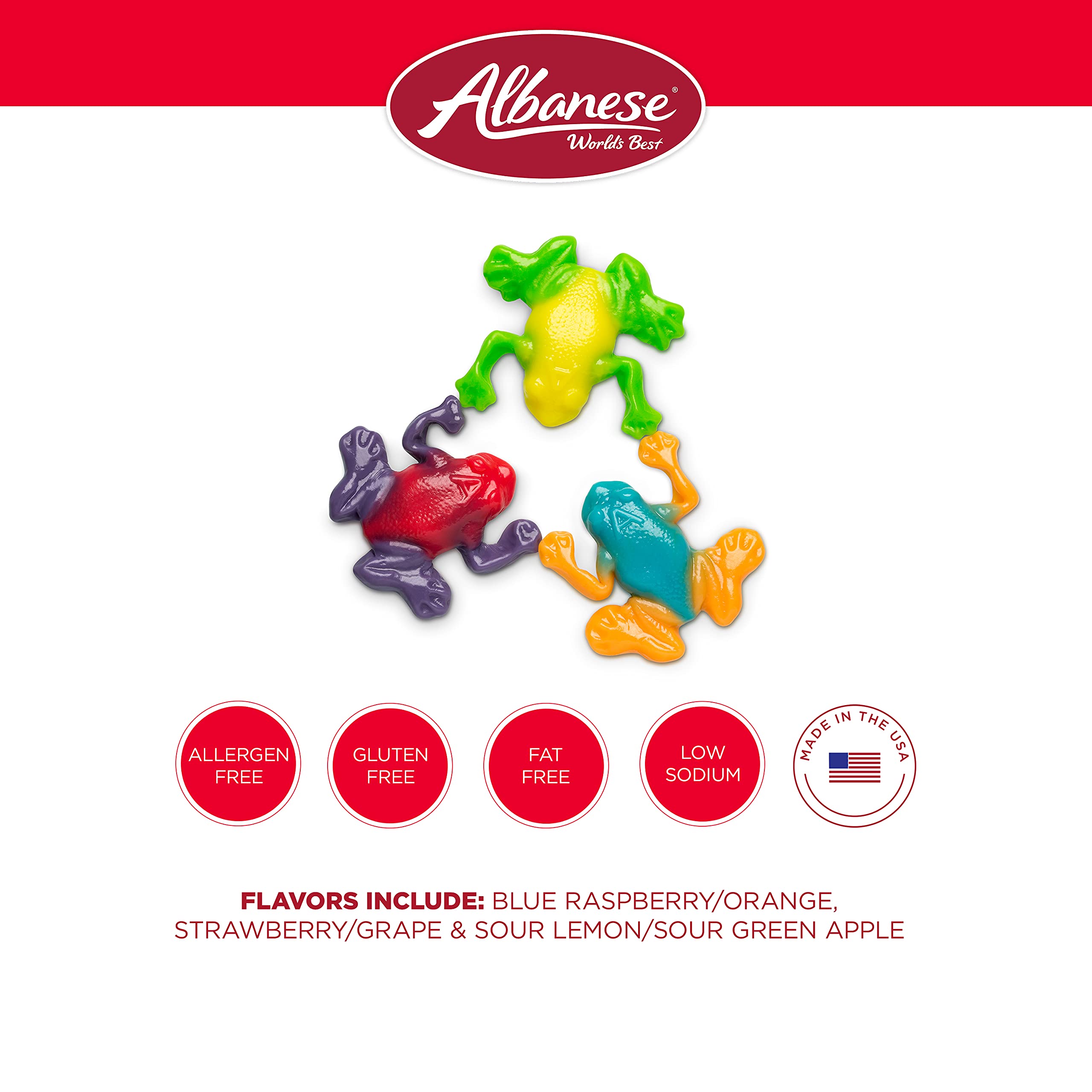Allergen-friendly Albanese Rainforest Frogs label emphasizes safe snacking.