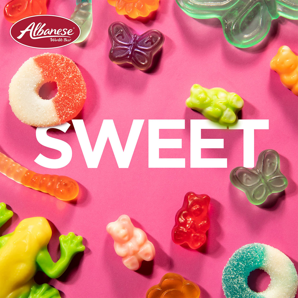 Vibrant Albanese Rainforest Frogs gummies showcase bold fruit notes.