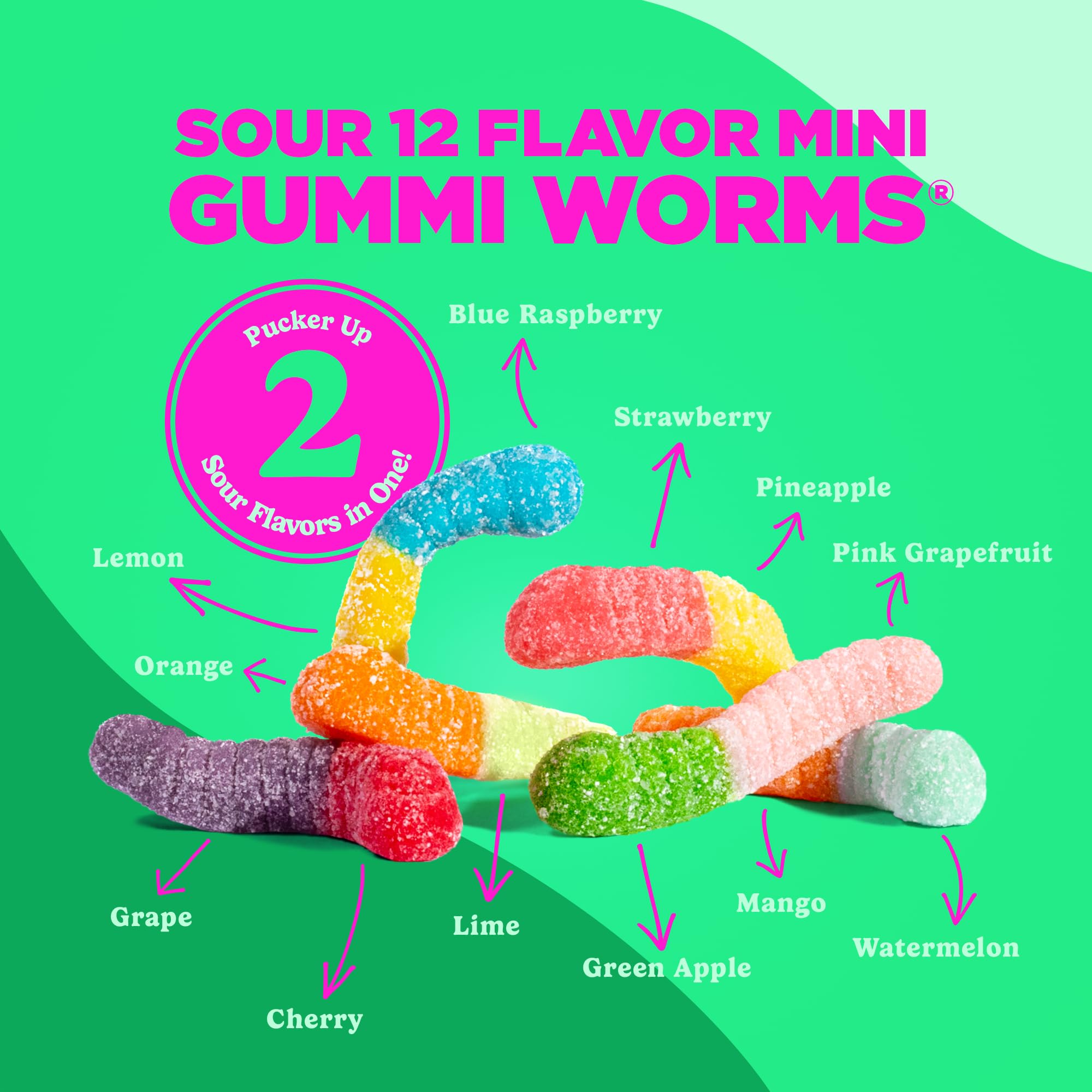 Albanese soft chewy gummy worms closeup highlights texture and bite.