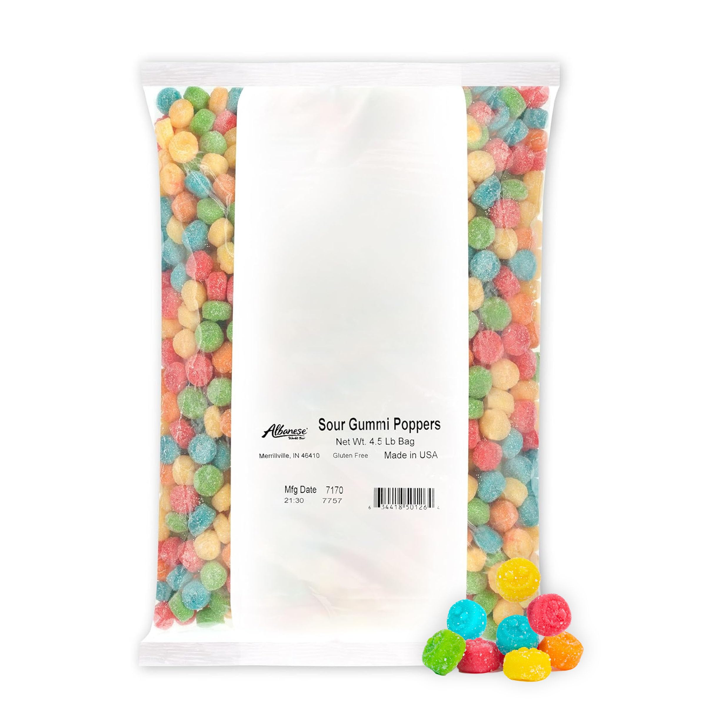 Albanese Sour Gummi Poppers blue raspberry close-up showing bold flavor and chewy texture.