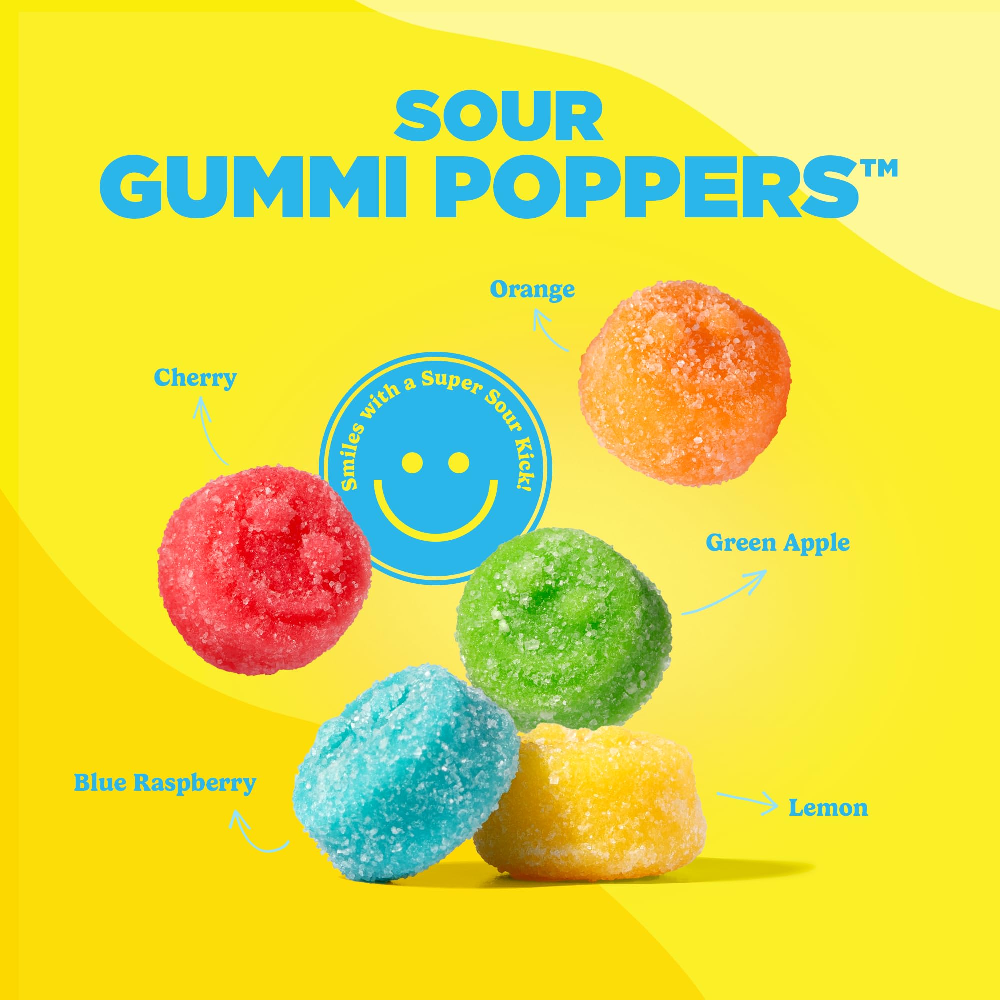 Albanese Sour Gummi Poppers cherry close-up emphasizing bold bite and juicy flavor.