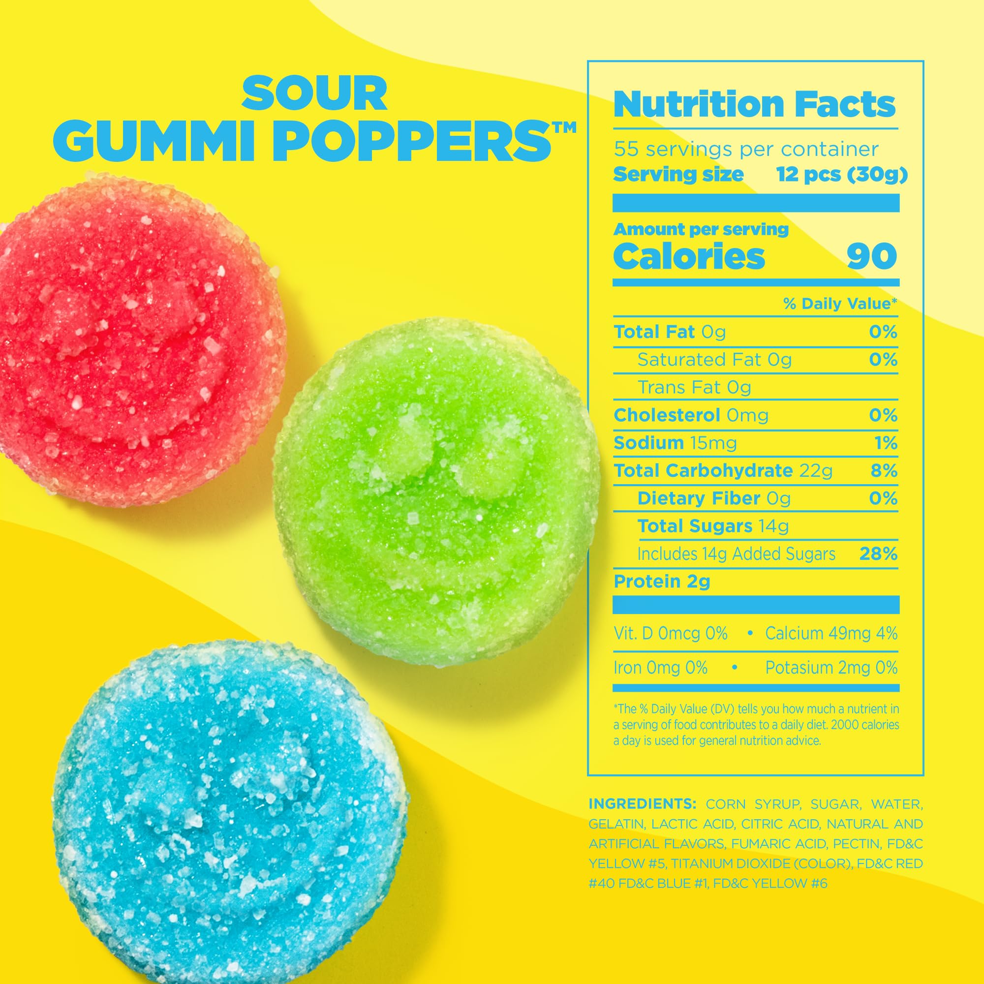 Albanese Sour Gummi Poppers lemon close-up highlighting tangy zest and bright color.