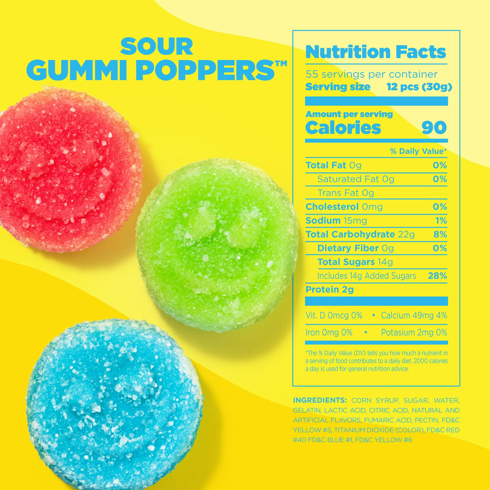 Albanese Sour Gummi Poppers lemon close-up highlighting tangy zest and bright color.