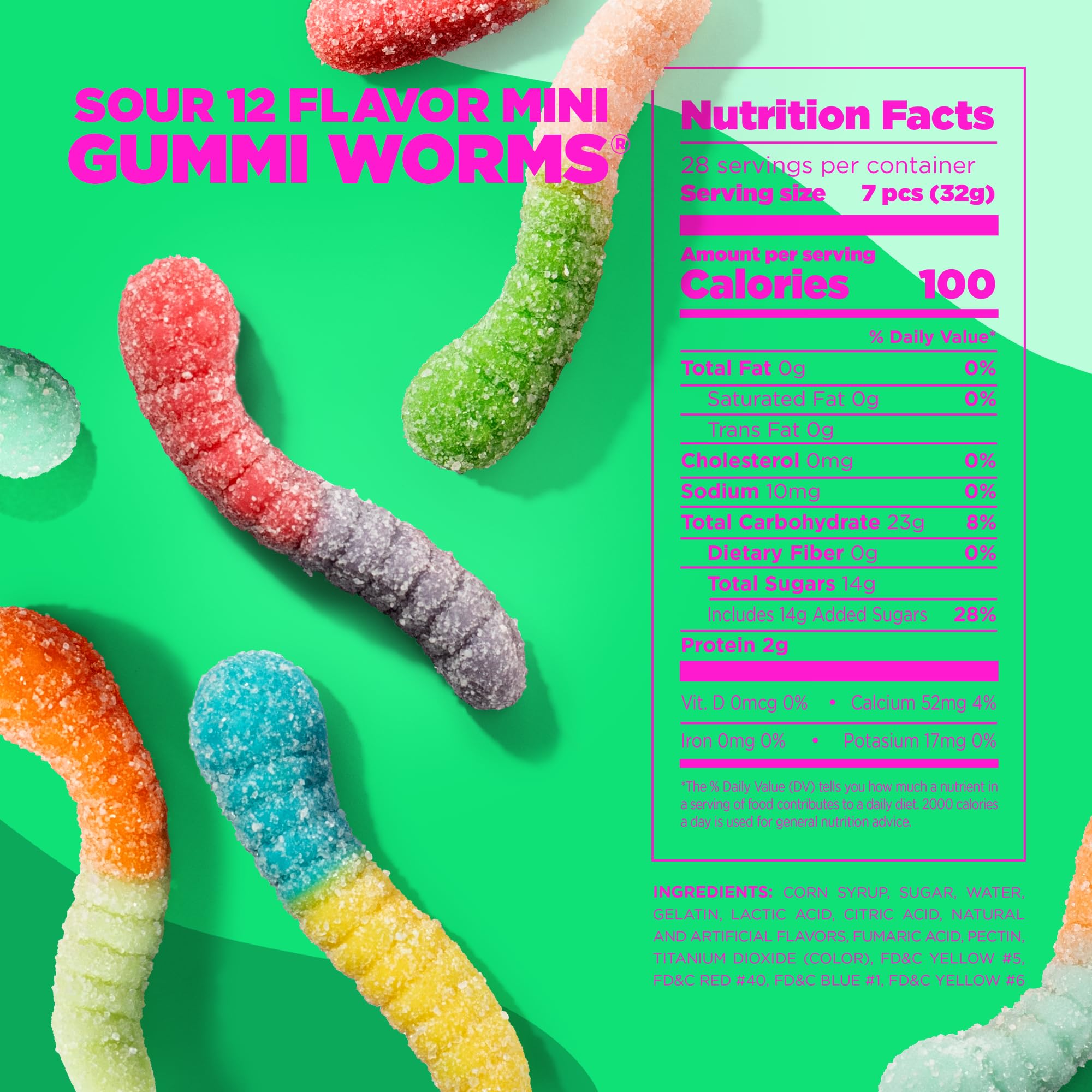 Albanese mini worms flavor variety 12 colors to entice kids and adults alike.