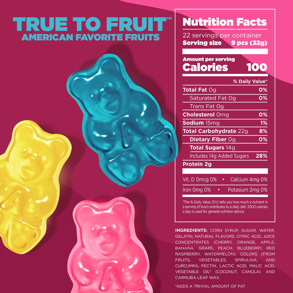 Albanese Strawberry gummy; bold, soft chew with fruity sweetness.