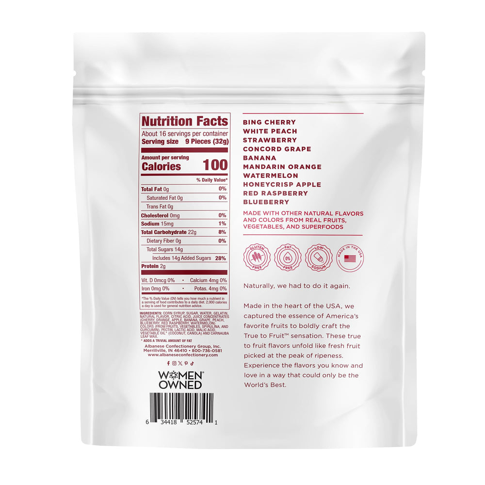 Albanese true to fruit strawberry gummies close-up, ideal for a fruity snack