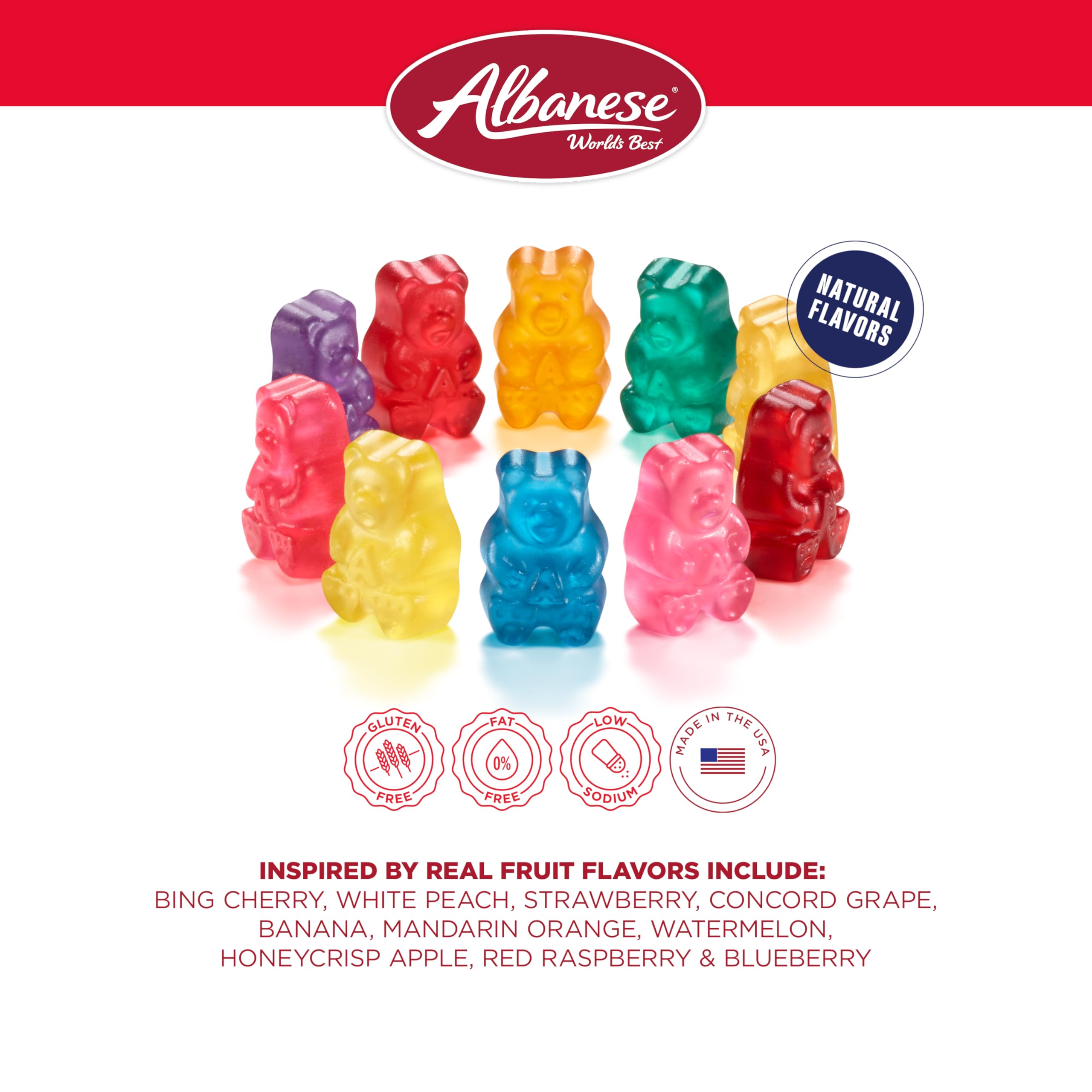 Albanese white peach gummies showcasing glossy fruit flavors, perfect for afternoon snacking