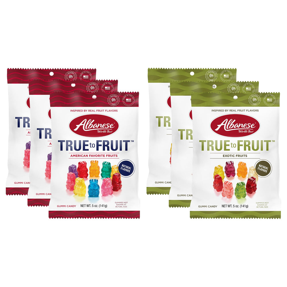Albanese variety pack 6x5oz bags with true-to-fruit flavors for on-the-go snacking