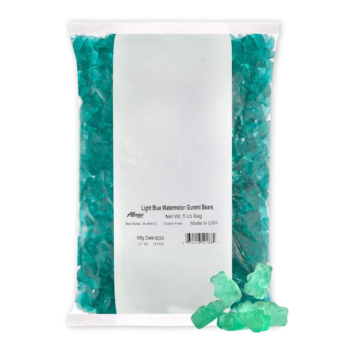 Albanese Watermelon Gummi Bears 5 lb bag showing bold watermelon flavor for sharing.