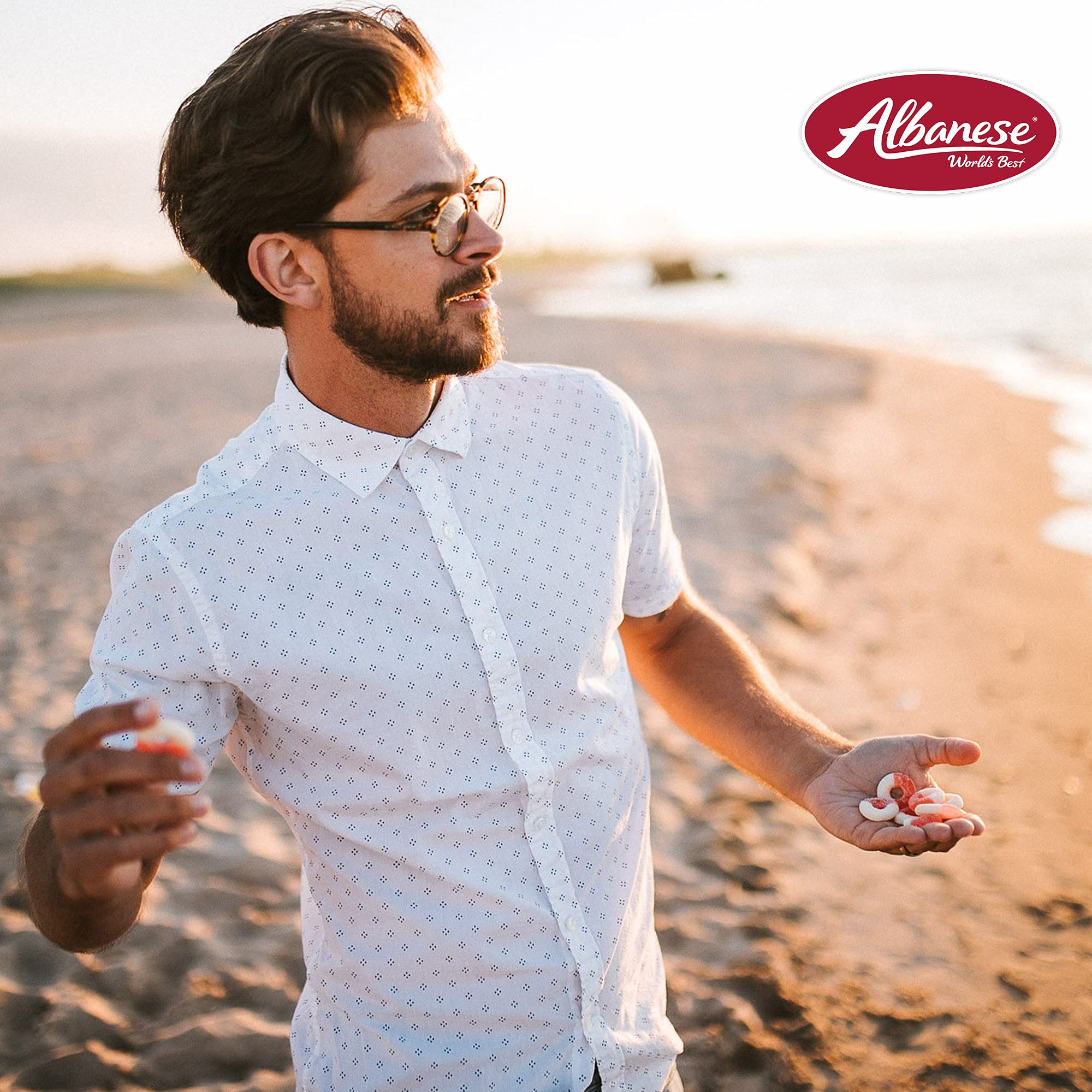 On-the-go snack with Albanese Watermelon Rings in a travel pouch