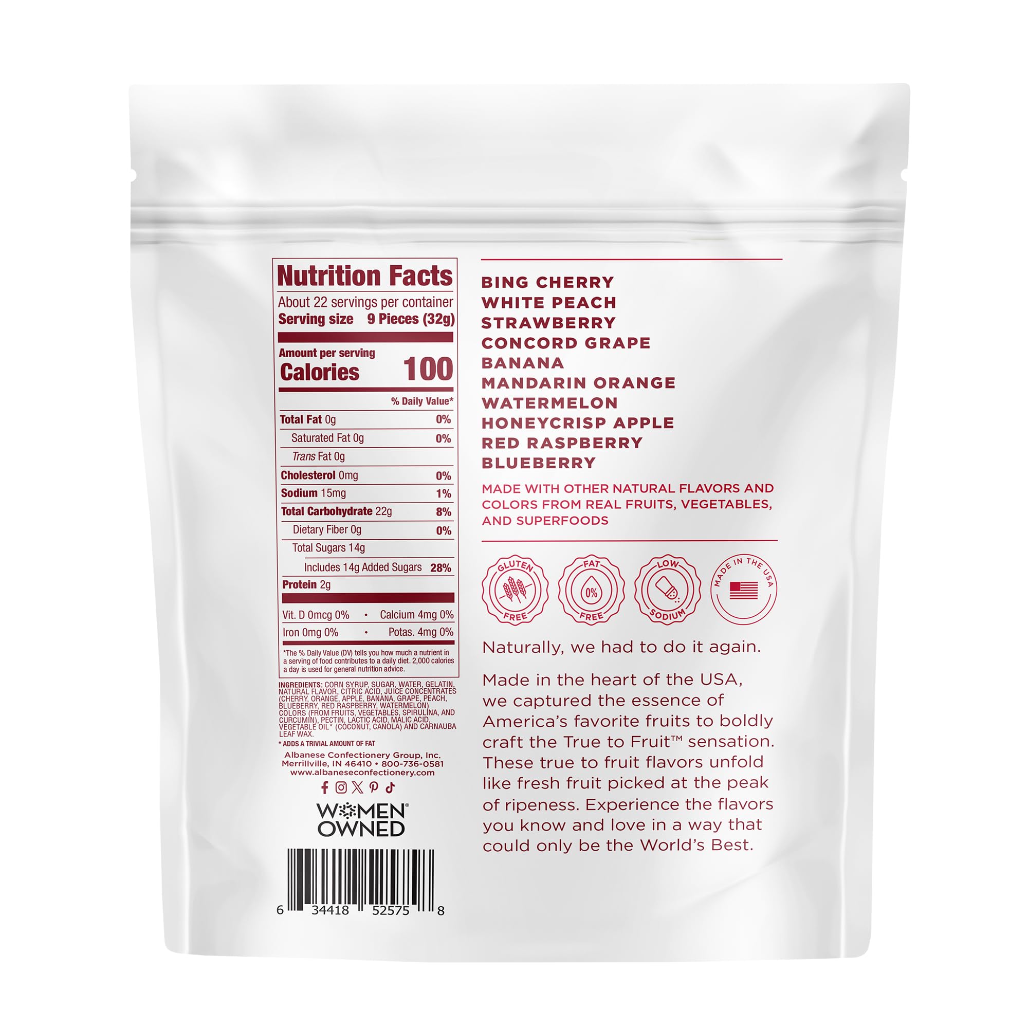 Albanese White Peach gummy; natural colors and flavors for a real fruit experience.