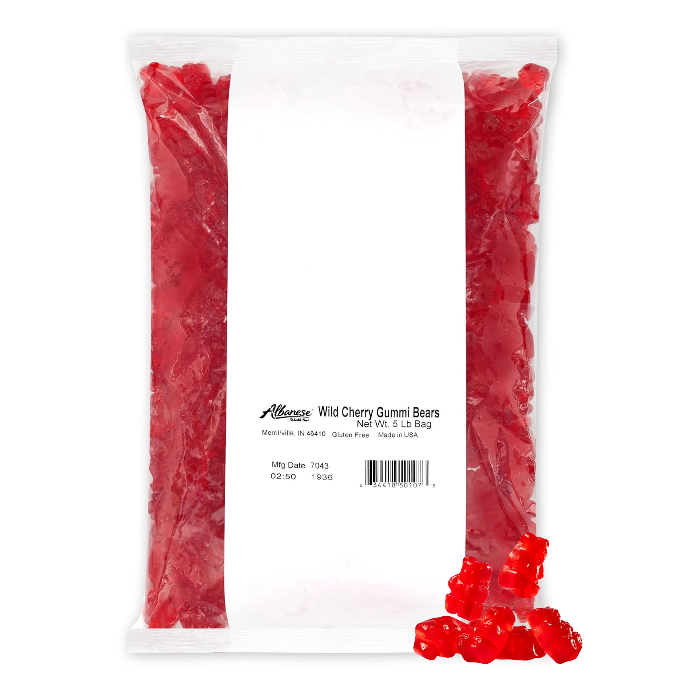 Albanese Wild Cherry Gummi Bears 5lb bag front view, bulk candy for parties