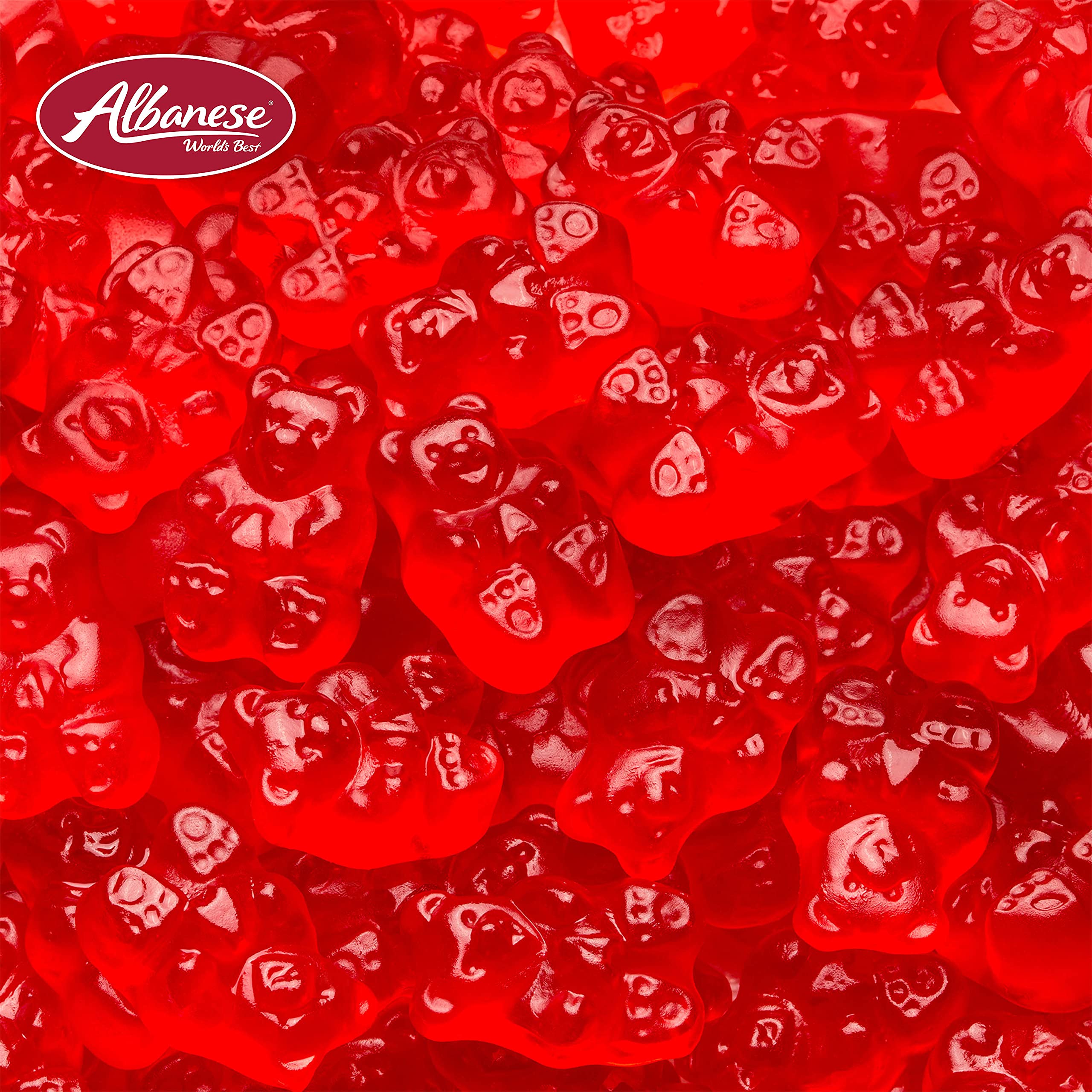Albanese Wild Cherry Gummi Bears 5lb packaging label, USA-made craftsmanship