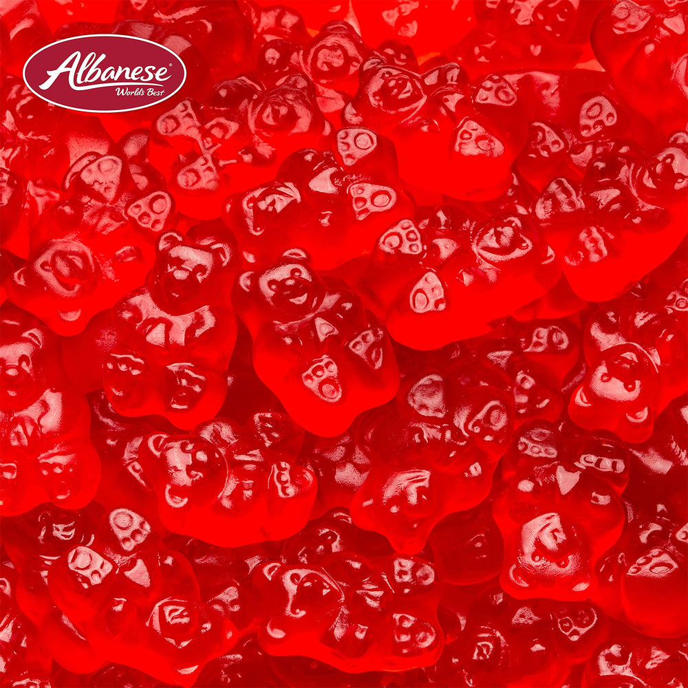 Albanese Wild Cherry Gummi Bears 5lb packaging label, USA-made craftsmanship