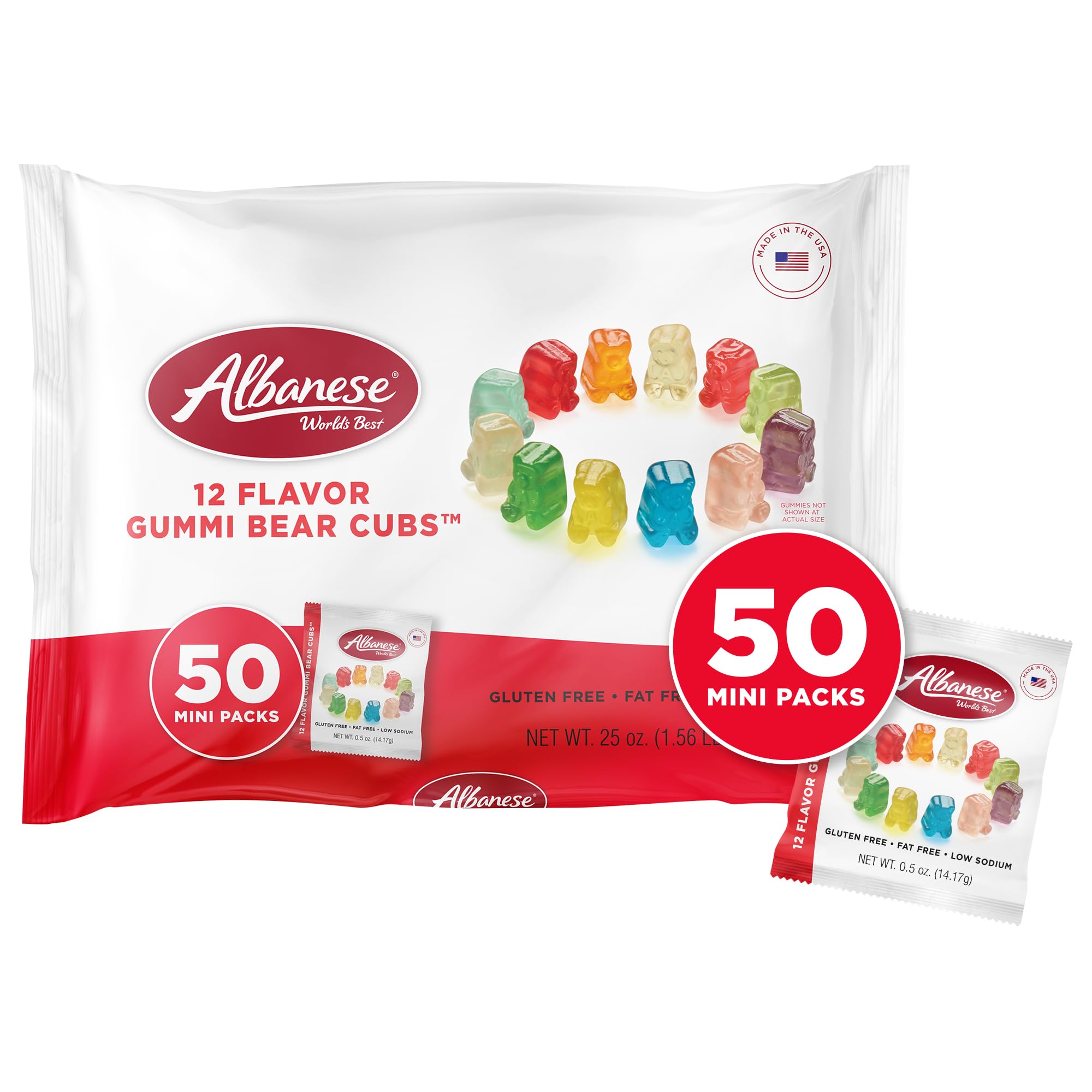 Albanese Gummi Bear Cubs bag showcasing 12 flavors for party favors and classroom snacks.