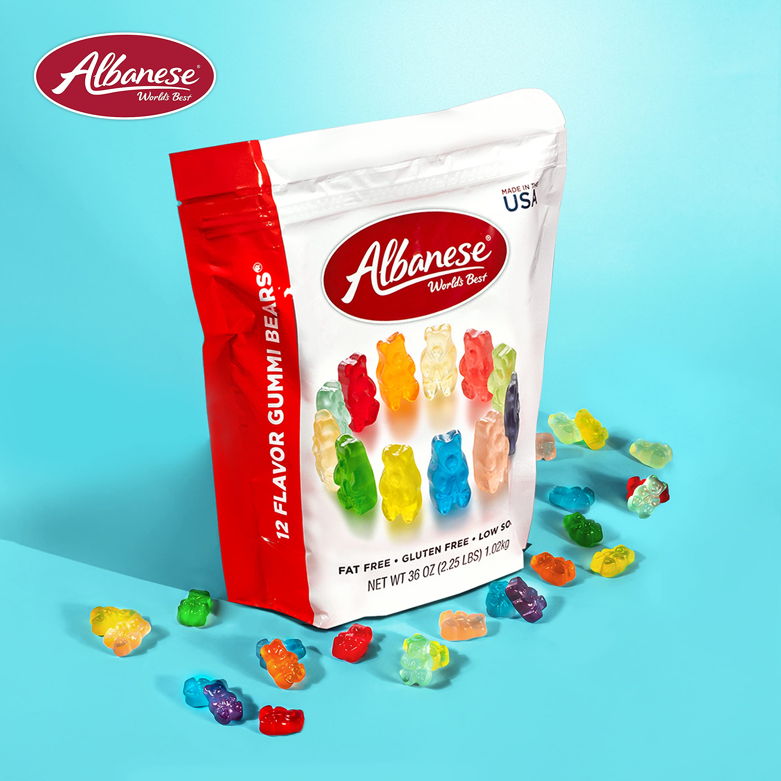 Albanese 12 Flavor Gummi Bears assorted flavors close-up.