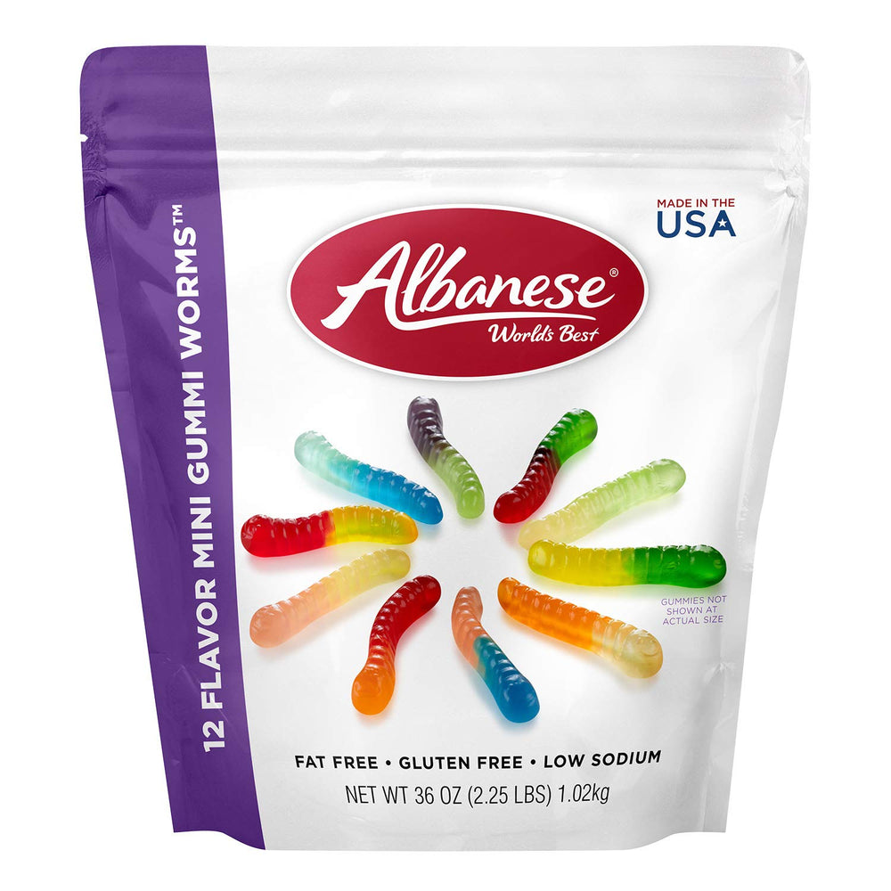 Albanese World's Best 12-Flavor Gummi Worms bag offers a shareable fruity snack
