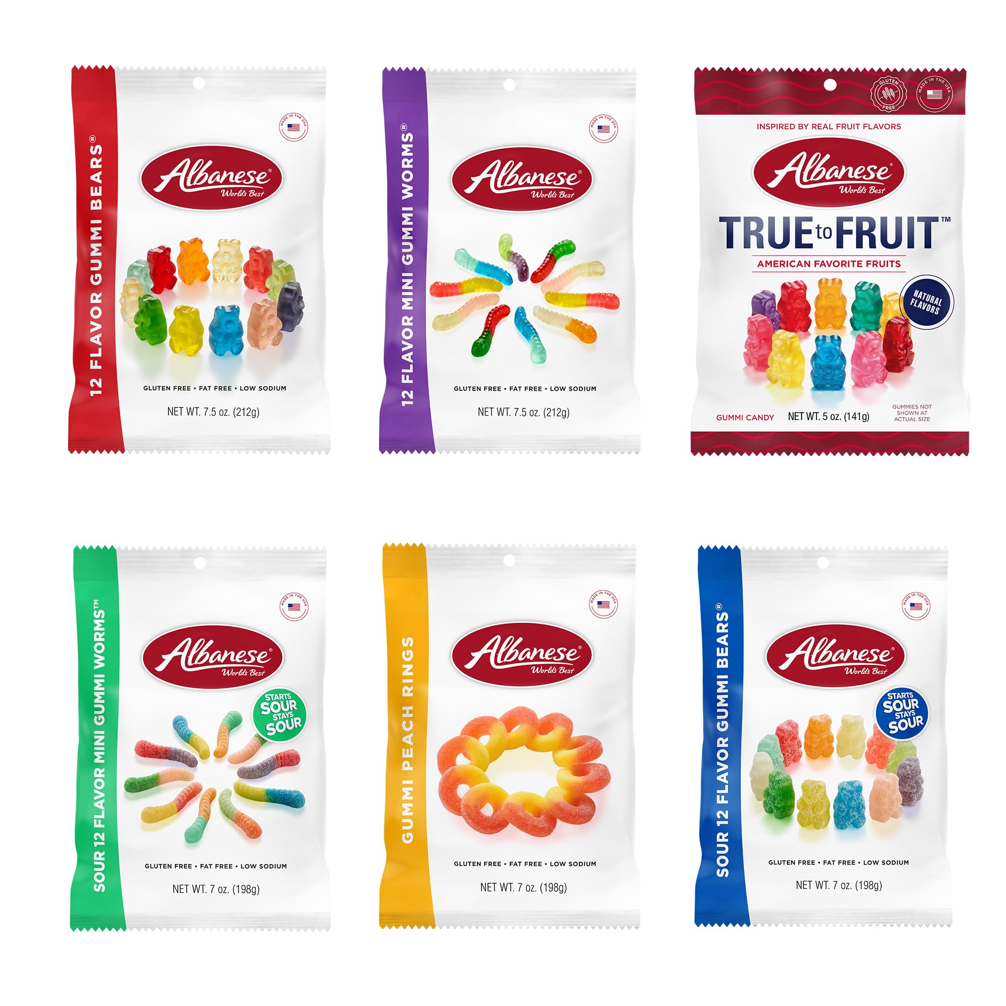 Albanese World’s Best Gummi Variety Pack group shot shows a varied assortment for easy snacking.