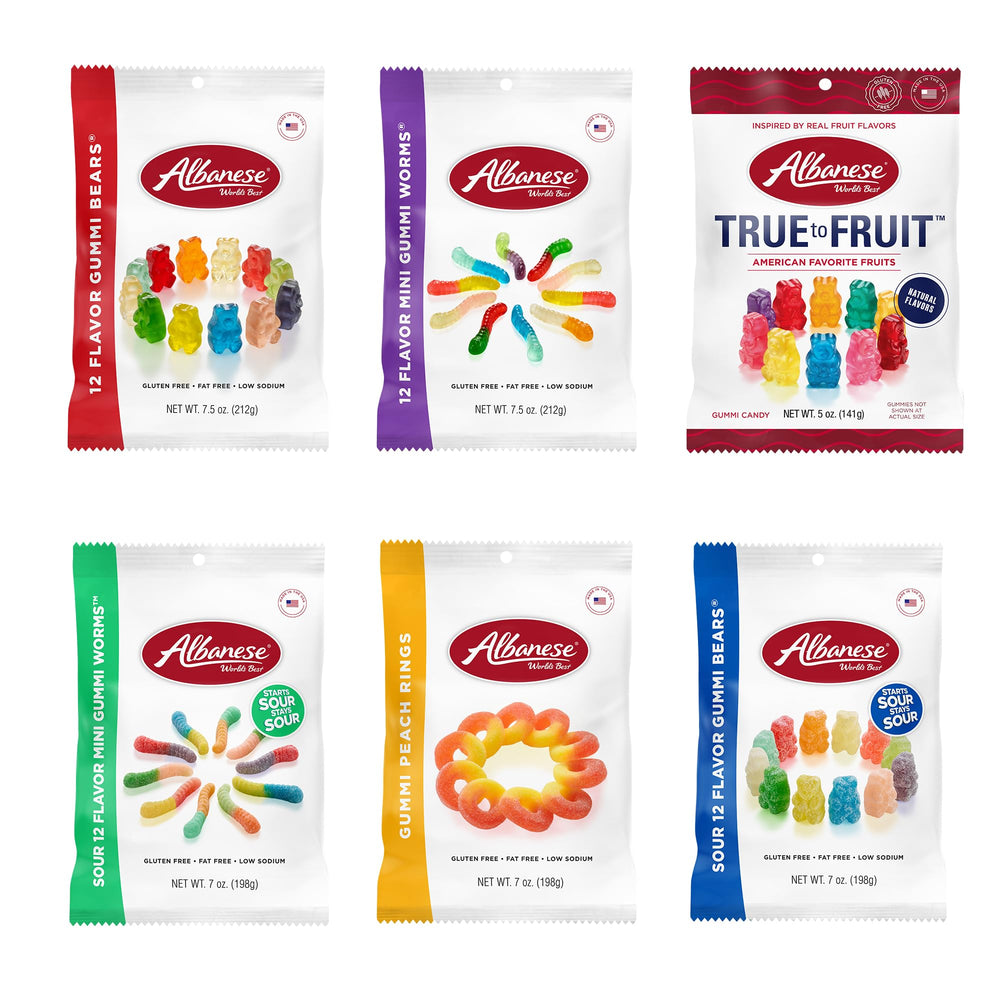 Albanese World’s Best Gummi Variety Pack group shot shows a varied assortment for easy snacking.
