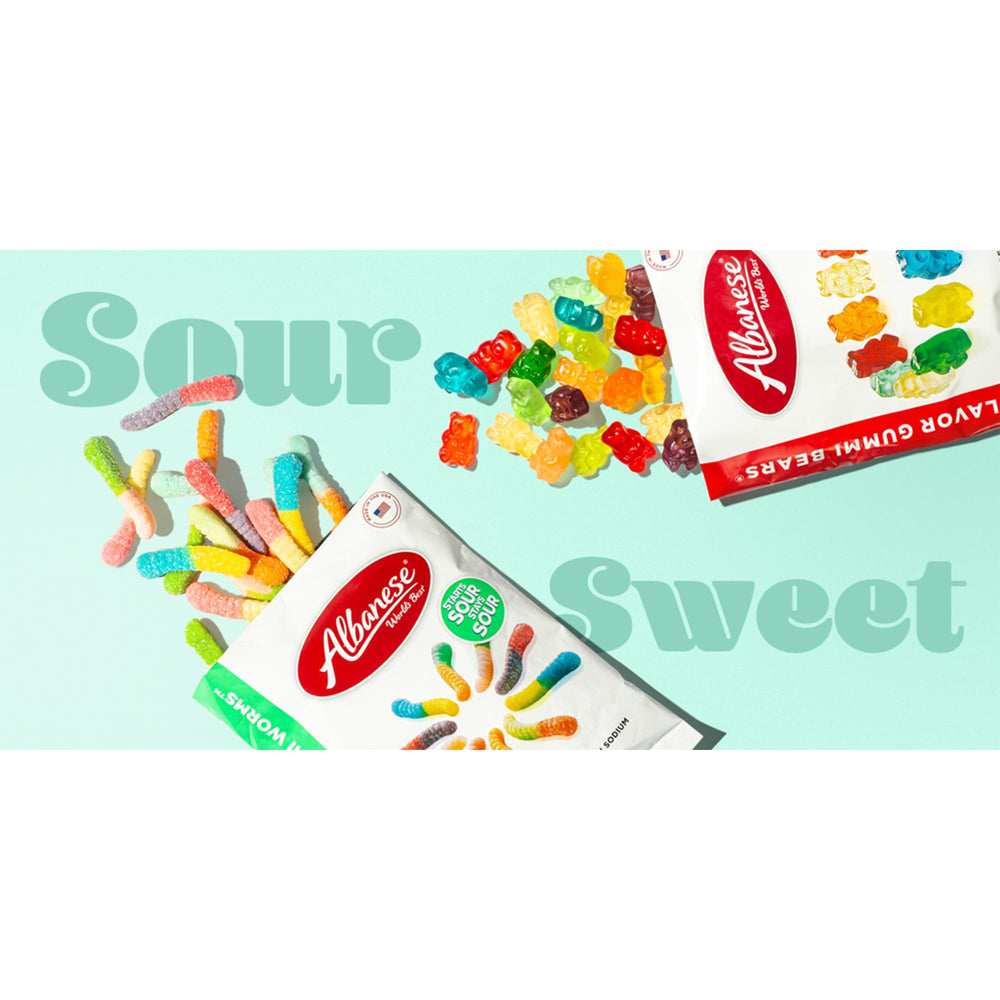 Albanese World’s Best Gummi Variety Pack peach rings release fruity aroma and chewy texture.