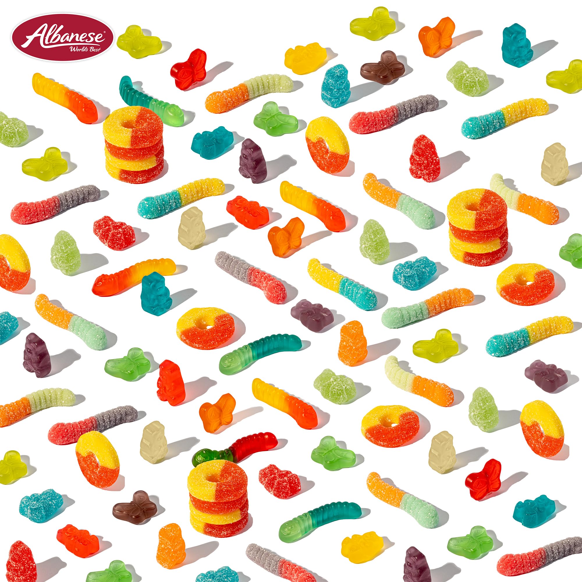 Albanese World’s Best Gummi Variety Pack worms provide soft chews ideal for on-the-go munching.