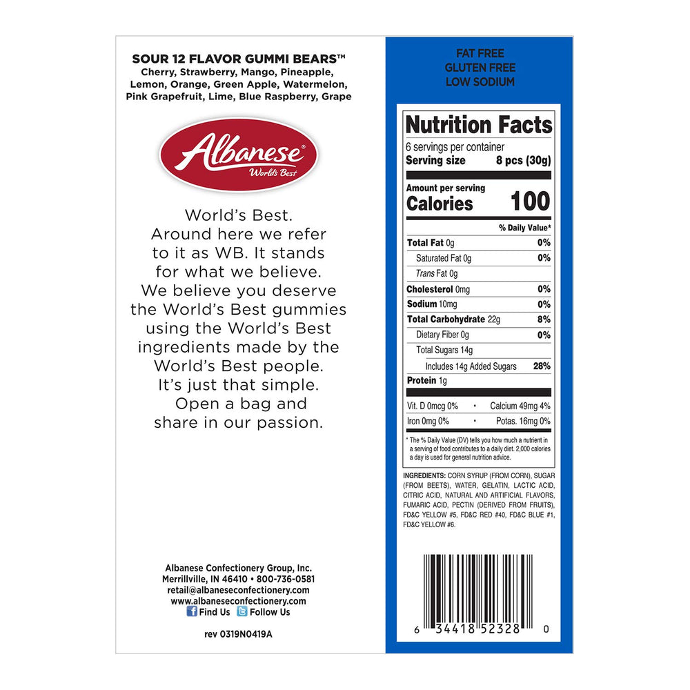 Albanese Sour Gummi Bears 12-pack for party sharing and travel snacks.