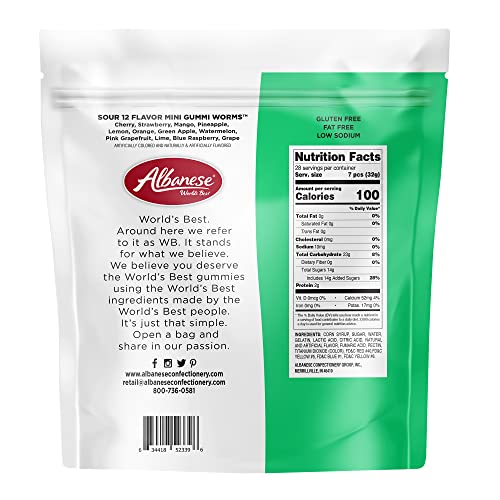 Albanese sour mini worms 32oz bag closeup highlighting resealable packaging and freshness.