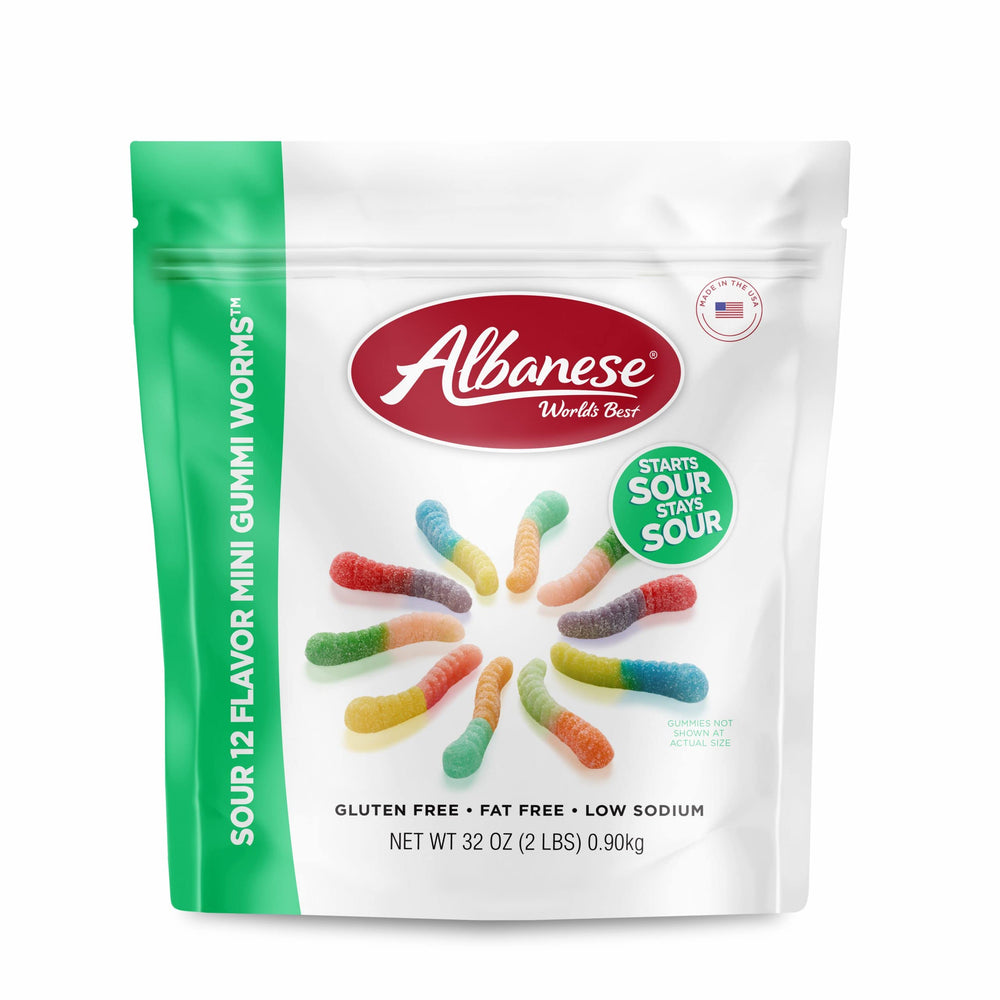 Albanese World's Best Sour mini worms in a jar showing bold color and flavor variety.