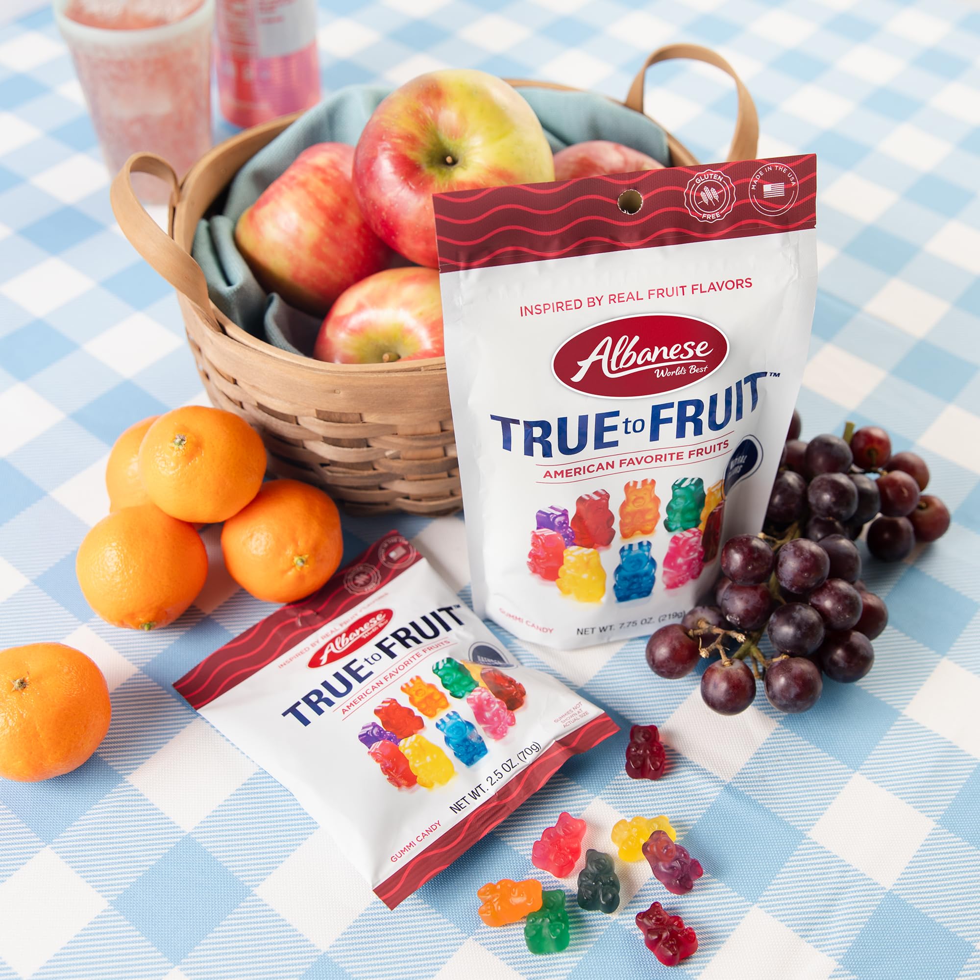 Albanese World's Best True to Fruit flavor variety featuring Strawberry and Blueberry gummies.