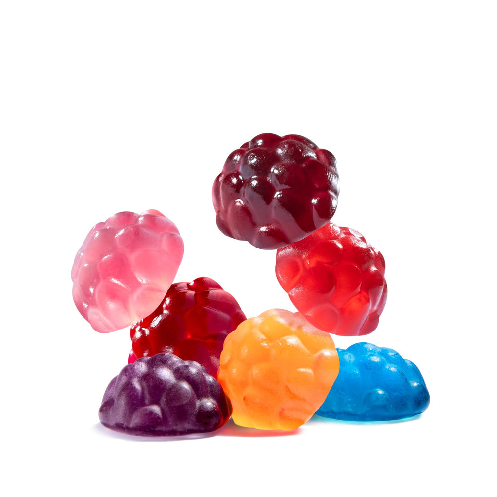 Albanese Blackberry gummies in a bag, rich flavor for desserts.