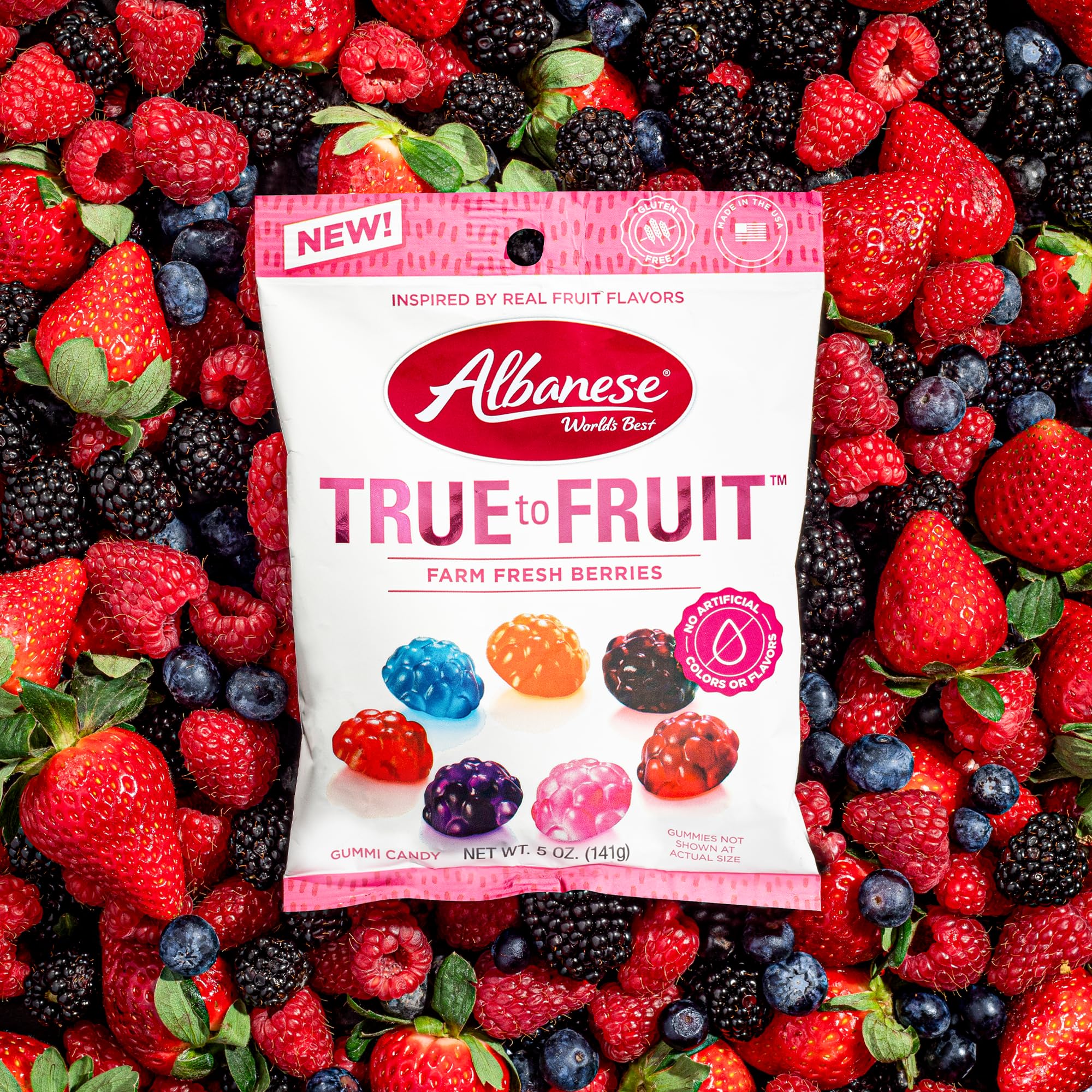 Albanese Blueberry gummies in a bag, natural color and taste.