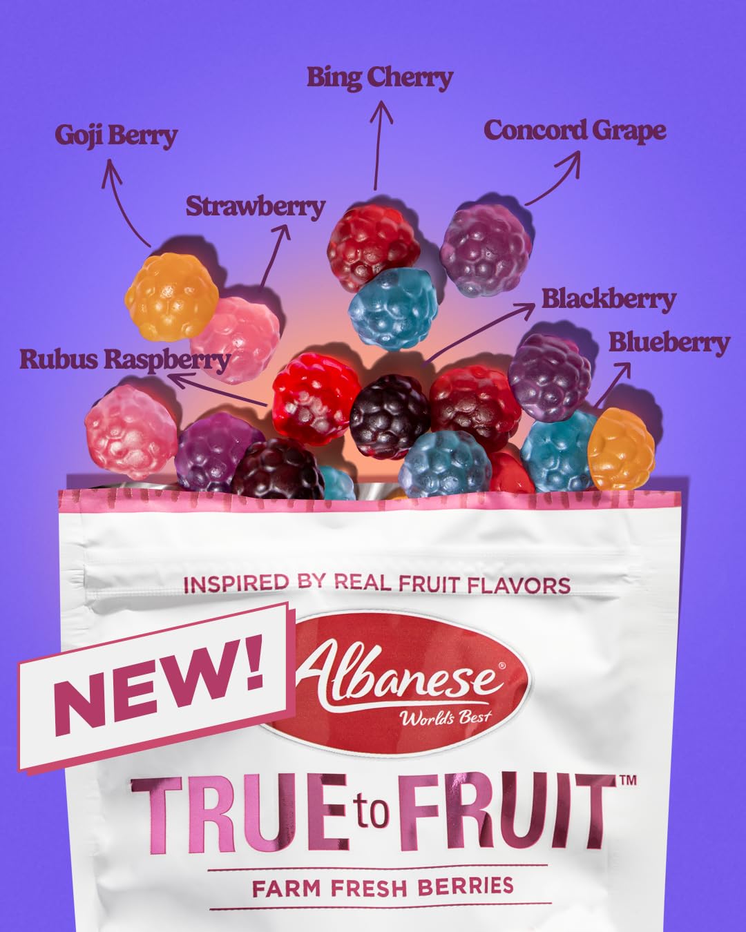 Albanese Strawberry gummies in a bag, ideal for lunchboxes.