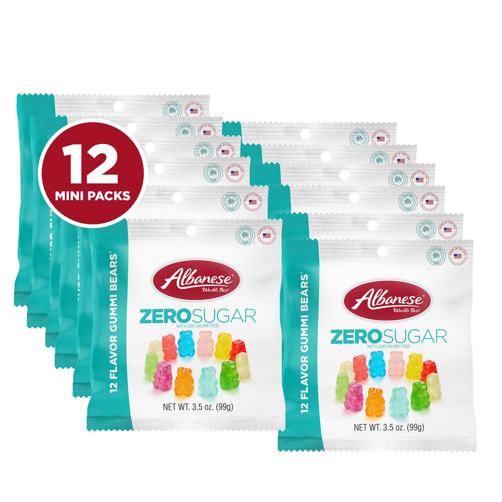 Albanese sugar free gummy bears cherry flavor close-up—bold taste for mindful snacking.