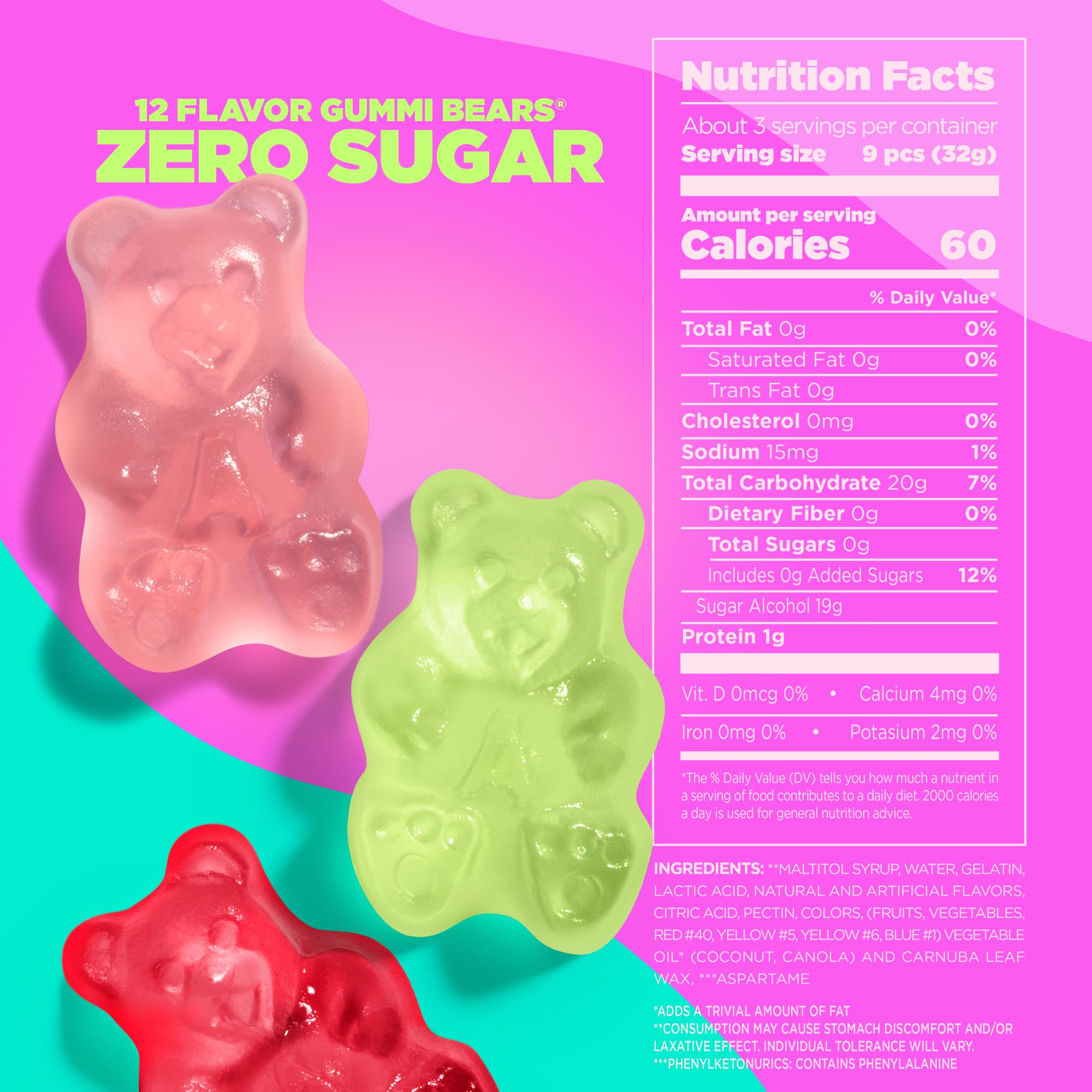 Albanese sugar free gummy bears mango flavor close-up with vibrant color.