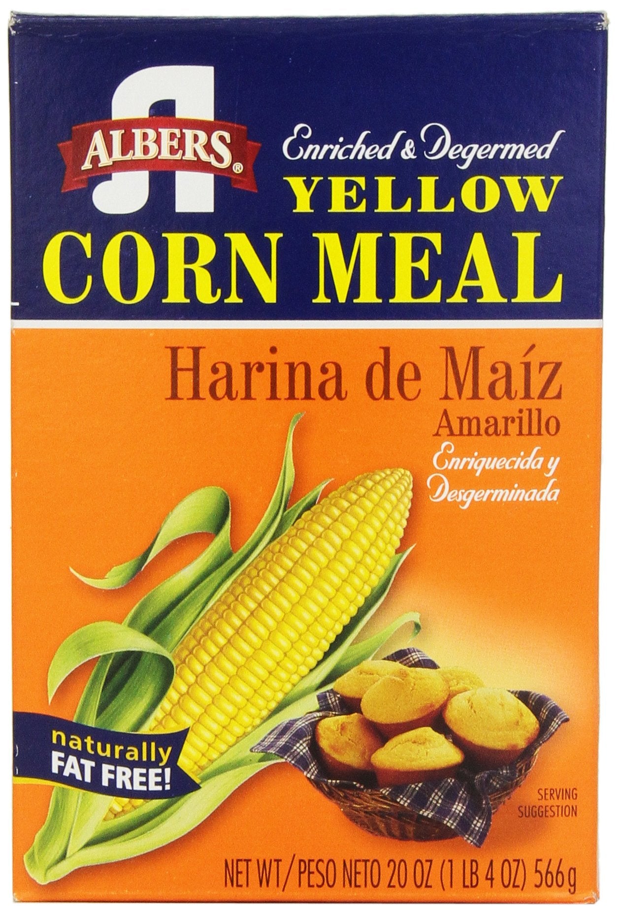 Albers Yellow Corn Meal box front showing premium corn for family meals and easy cooking