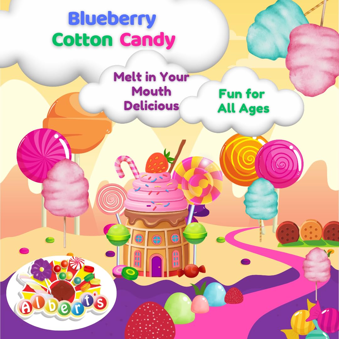 Albert's Blueberry-flavored cotton candy tubs showcasing fluffy texture and resealable lids for freshness