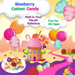 Albert's Blueberry-flavored cotton candy tubs showcasing fluffy texture and resealable lids for freshness
