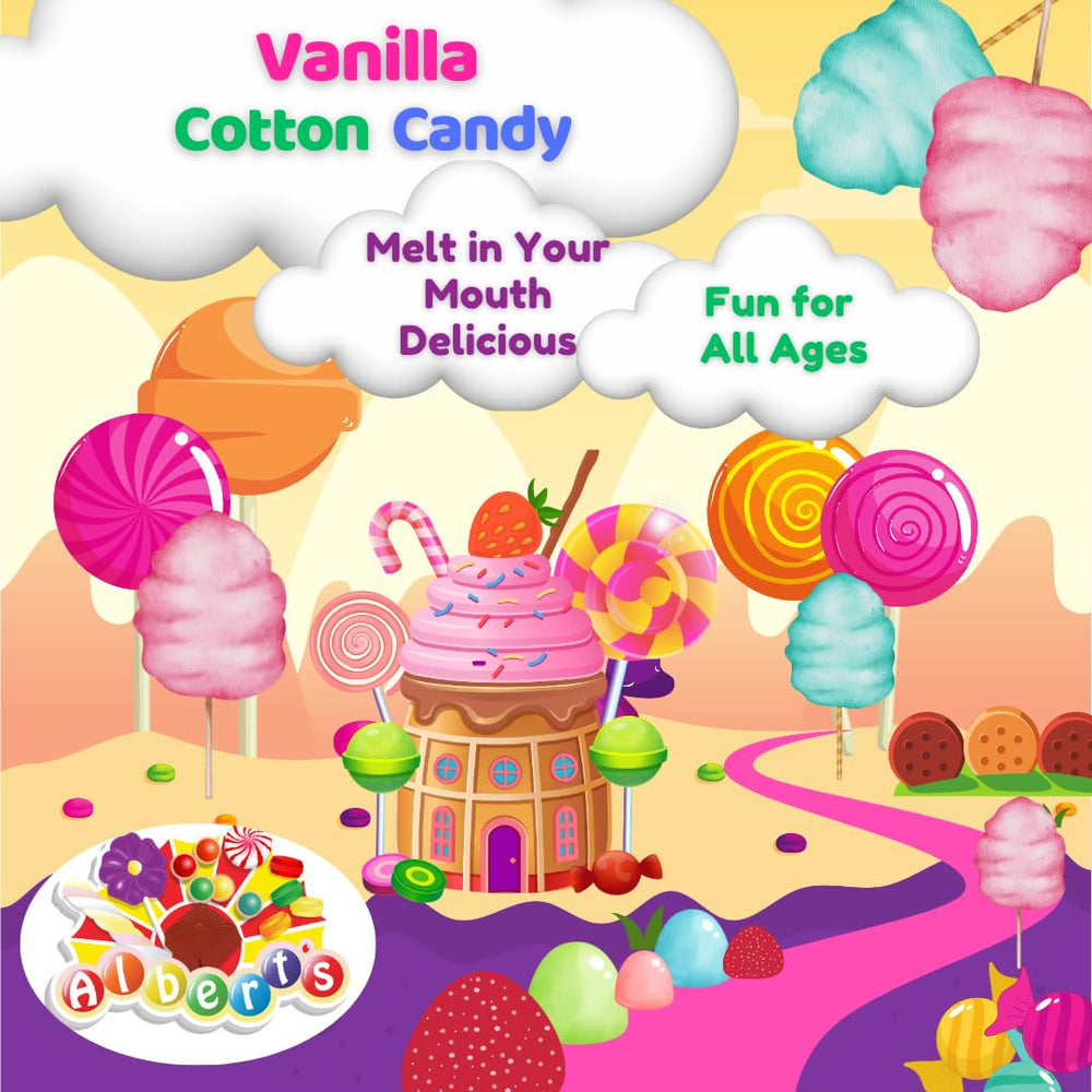 Albert's Cotton Candy vanilla tubs close-up showing fluffy texture and bright flavor.
