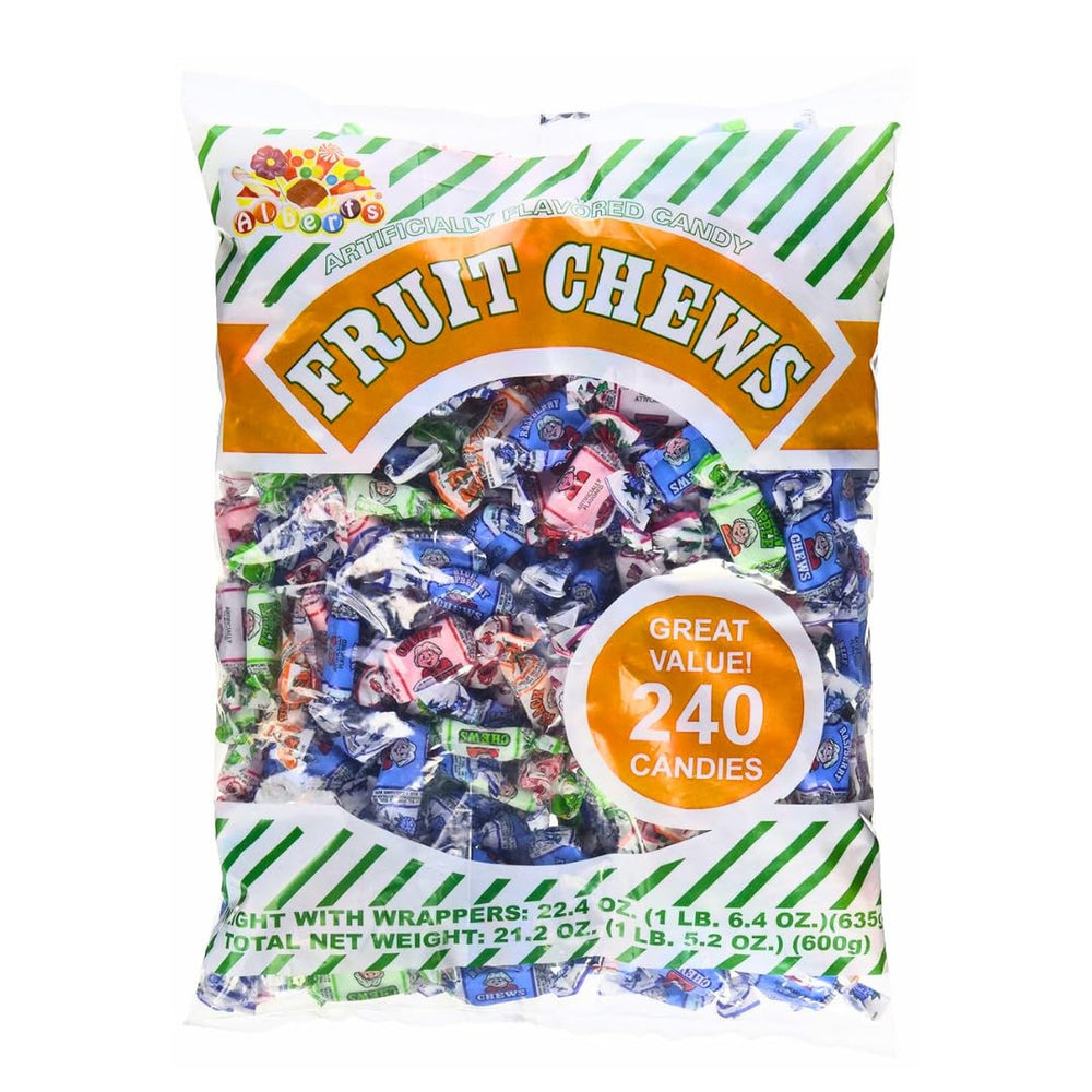 Albert's Candy Chews bag showing assorted fruit flavors for sharing.