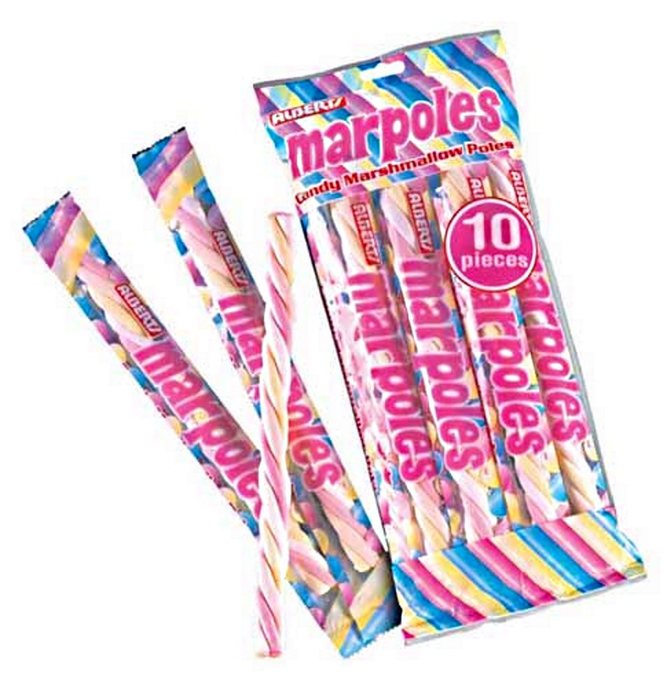 Albert's Marpoles Marshmallow Candy Twists 10-pack, colorful display perfect for party favors and snacking