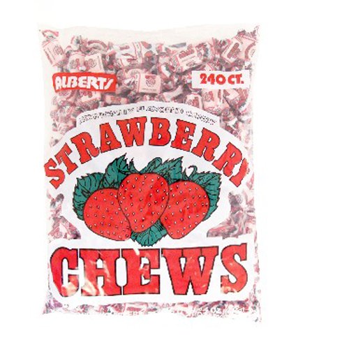 Albert's Strawberry Fruit Chews bag shows bright strawberry flavor for party favors